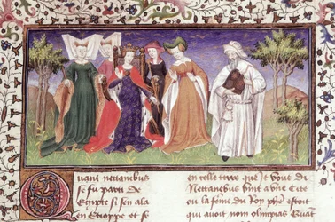 Ms Royal 20 B.XX fol.7 Olympias with Nectanebus、「Le Vraye Histoire du Bon Roy Alixandre」より Pseudo-Callistenes、15 世紀初頭 (ベラム)