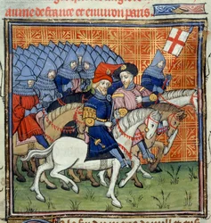 ミズ ロイヤル 20 C. VII、f.186 旗を掲げたイギリス軍、「Chroniques de France ou St. Denis」（ベラム）