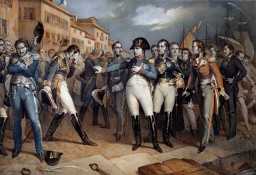ナポレオン1世(1769-1821)はイギリスの法律に服従し、1815年7月14日に降伏した。 1815年頃のリトグラフ ナポレオン博物館、イル・デクス - ナポレオン1世(1769-1821)はイギリスの法律に服従し、1821年7月14日に降伏した。
