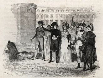ナポレオンがタリアン夫人（旧姓テレサ・カバルス、カラマン・シメイ王女）と歩く姿（1773年～1835年） パリのヴァンドーム広場 - 「Les rues de Paris」に掲載された彫刻。古いパリと現代のパリ：起源、歴史、モニュメント、衣装、モラル、クロニ