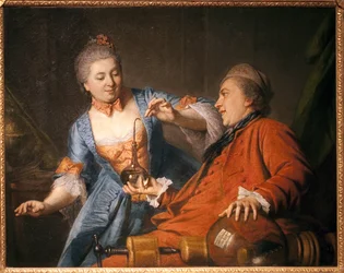 物理学の実験をするニコラ・ベルジェ（1733-1815）とマダム・ド・メゾンセル。無名のリモワの絵、油彩・キャンバス