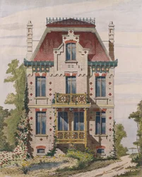 Villers sur mer、ノルマンディーのノルマン邸、1883年のルモニテュールデアーキテクツの図（カラー彫刻）