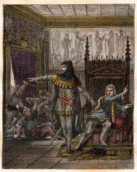 100年戦争。"ドルフィンシャルル（当時のシャルル5世）（1338-1380）（フランスの初代ドルフィン）とエティエンヌ・マルセル（1302/1310-1358）が、フランスのドルフィンの部屋で2人の大臣（マレショー）ロベール・ド・クレルモンとジャン・ド・コンフランを殺害したのは、以下の通りです。