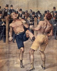 1899年にパリで行われたフランスのボクシング、サバテの最初の会合の一つ、カラーエングレービング。フランス