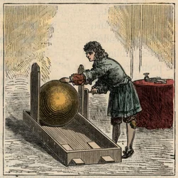 オットー・フォン・ゲーリケ（1602-1686）、ドイツの物理学者、最初の静電気発生器を操作する - 静電発電機：オットー・フォン・ゲーリケ