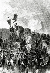 パリ砲撃の停止を要求するため、1870年4月28日にフリーメイソンが要塞で行った平和主義的デモンストレーション、『ル・モンド・イリュストレ』、1870年5月5日