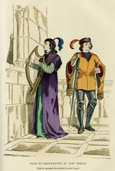 13世紀のページ衣装とトルバドゥール。オーギュスタン・シャラメル著「France et les francais à travers les centuries」（F.Roy編）に掲載された聖ルイ（ルイ9世 1214-1270）の奇跡の写本の図案をもとにしたカラー・エングレーヴィング。S