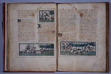 アンリドフェリエール作のLe Livre du Roy Modus et de la Royne Racioの57ページと58ページ、c.1420（ペンとインク、トイレット紙）