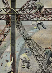 1899年、エッフェル塔を描くために、パリの上空200メートルに吊られて作業する画家たち。1899年7月16日、「ル・ペレラン」誌に掲載されたエングレーヴィング。