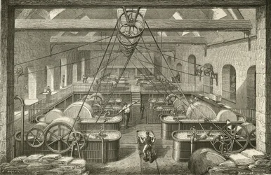 製紙：ぼろパルプの漂白。 c1870 の彫刻。