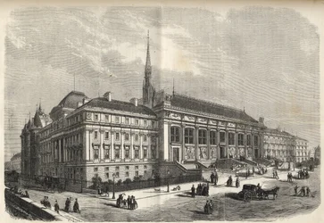 パリ-ジョセフ-ルイ・デュック(1802-1879)が建設した裁判所の新しいファサード-(ハルレイ通りの西ファサード)1869年の彫刻版
