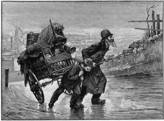 19世紀のパリの風景。老人と子供が荷車を引いて通りを歩いている。ジェフロイの絵の後にルソーが描いた版画