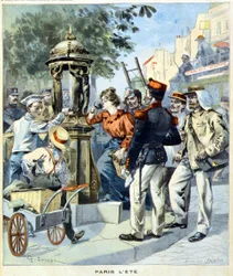 ウォレスの泉を囲んで水を飲むパリジャンたち-1900年8月19日付「Le Petit Journal」紙（彫刻）にて