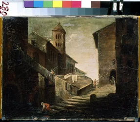 「フランスの村の風景」人気地区の橋と川。 フランスの学校の絵画. 18世紀初頭ミハイル・クロシツキー美術館、セヴァストポリ（セヴァストポリ）ウクライナ