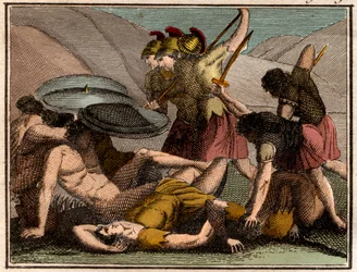 ペルシャ戦争の紀元前480年のテルモピュライの戦い。スパルタ王レオニダスと彼の部下は戦いに落ちます。