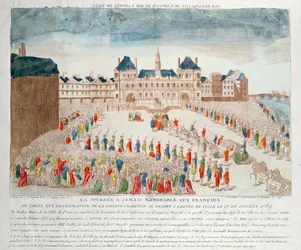 1789年7月17日、ルイ16世（1754-93）がホテルドヴィルに到着したときの斜視図