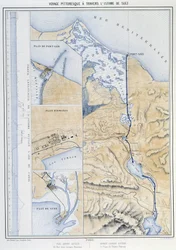 G.ニコルによるスエズ運河の開通」におけるスエズ地峡の絵の旅（スエズの平面図）。1869