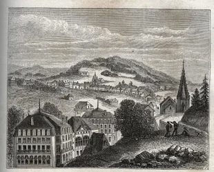 Plombieres-les-Bains (Plombieres les Bains) ヴォージュの温泉保養地 - V.A. Malt-Brown著「La France illustree: Geography, history, statistical administration」に掲載された彫刻。1884