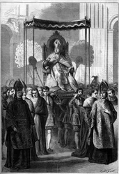 1861年のパームサンデーに、ローマ（イタリア）のサン・ピエトロ教会に行列を作って運ぶ教皇ピウス9世（1792-1878）。1861年4月13日付「Le Monde Illustré」209号に掲載された図版。