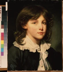 ""Portrait of a boy"" (少年の肖像) 髪の長い若いティーンエイジャー。 フランスの学校の絵画. 18世紀後半のプーシキン美術館、モスクワ