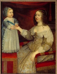 フランス王妃アンヌ・ドートリッシュ（1601-1666）とドルフィン・ルイ14世の子供（1638-1715）の肖像 フランス派の絵画。1643年以前。日 1,2x0,96 m