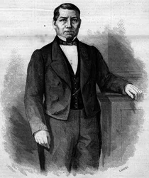 メキシコの政治家、ベニート・パブロ・フアレス・ガルシア（1806-1872）の肖像。1862年6月14日付「Le Monde Illustré」270号に掲載されたエングレーヴィング。