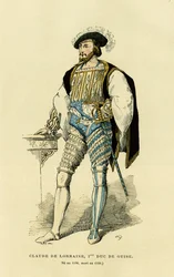 ギーズ公爵クロード・ド・ロレーヌ(1496-1550)の肖像。1882年にパリで出版されたAugustin Challamel, F.Roy編集の「France et les francais a travers les siecles」に掲載されたカラーエングレーヴィング。セルバ・コレクション。