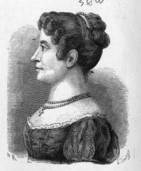 ガルネリンが発明したパラシュートを試したガルネリンの姪、エリサ・ガルネリンの肖像（1896年の "Album of Science; illustrious scholars; Great discoveries "に掲載）。