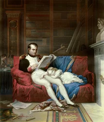 皇帝ナポレオン1世（1769-1821）と、その息子であるローマ王ナポレオン2世（ライヒシュタット公爵）（1811-1832）が膝の上で寝ている肖像。19世紀のエングレーヴィング マルメゾン、ミュゼ・デュ・シャトー