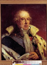 フランソワ・アレクサンドル・フレデリック・ド・ラ・ロシュフーコー・リアングール（経済学者）の肖像（1747年～1837年）、王政復古時代のフランス国王ペアの衣装で表現（h s/t 0.72 X 0.57）。ヴェルサイユ。シャトー美術館。