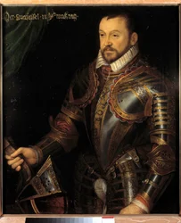 モンモランシー公フランソワ1世（1530-1579年）の肖像、鎧には彼のモノグラムと妻ディアーヌ・ド・フランスのモノグラムが刻まれている。寸法0.87 x 0.74 m. Versailles, Chateaux de Versailles et