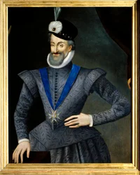 アンリ4世（1553-1610）フランス王の肖像。聖霊の騎士団(Order of the Holy Spirit)の記章のネックレスを持っている。17世紀の匿名のフランス絵画。キャンバスに油彩。ディム：0,95x1,13m。強制的に言及。サリー・シュル・ロワ