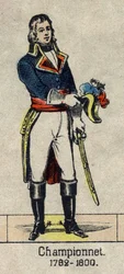 フランスの将軍、ジャン・エティエンヌ・シャンポネ（1762-1800）の肖像。19世紀末のエピナルのイメージ。