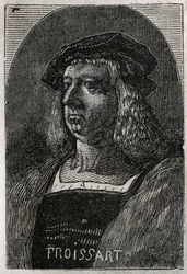 中世フランスの年代記作家、ジョン・フロワサール（Jean Froissart）（1337-1404）の肖像 - Victor Duruy（1811-1894）の「Histoire de France」のエングレービング - 1882年