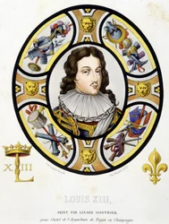 フランス王ルイ13世（1601-1643）の肖像。Ferdinand de Lasteyrie著「Histoire de la peinture sur verre」に掲載されている中世のステンドグラスのFacsimile。