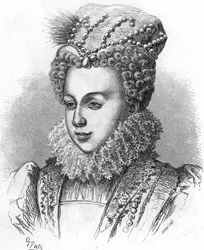 マルゴー王妃として知られるヴァロワ家のマーガレット（1553-1615）の肖像。Histoire Populaire de la France」（1885年）に掲載。エングレーヴィング。