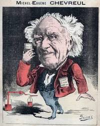 フランスの化学者Michel Eugene (Michel-Eugene) Chevreul (1786-1889)の肖像 - パリの「今日の人」に掲載されたブリデによる風刺画
