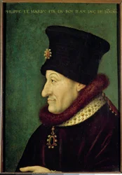 フィリップ・ハーディー2世（1342-1404）の肖像 1363年のブルゴーニュ公 フランス派の絵画。16世紀。日 0,42x0,29 m