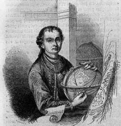 地球儀とコンパスを手にしたチロルの天文学者・カルトグラファー、Pierre (Peter) Anich (1723-1766)の肖像。"Le Magasin picturesque "に掲載された版画。