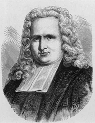 オランダの物理学者で、1745年に最初の電気コンデンサーを発明したPieter (Petrus, Pierre) van Musschenbroek (1692 - 1761) の肖像画（Leidenのボトル） - 1896年の「Album of Science; illustrious scientists; Great discoveries」に掲載。
