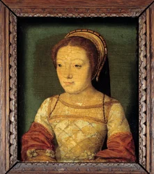 ルイ12世の娘でフェラーラ公爵夫人のレネ・ド・フランスの肖像（1510 - 1575年）。木に油彩、0.16 x 0.13 m。無名の絵画。16世紀のフランス派。