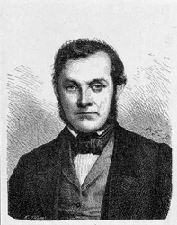 ロバート・ウィルヘルム・ブンゼン（1811〜1899）の肖像。ドイツの化学者。1896年に出版された "Album of Science; illustrious scientists; Great discoveries "に収録されている。