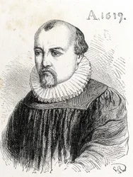 フランスの物理学者ソロモン・ド・コーズ（1576-1624）の肖像 - 1896年の "Album of Science; illustrious scholars; Great Discoveries "に掲載。