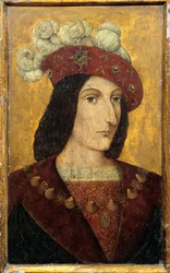 フランス王シャルル8世（1470-1498）の肖像 フランス派の木版画です。15世紀 ランゲア城