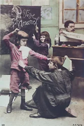 世俗的な教育システムを批判している郵便はがき、c.1910