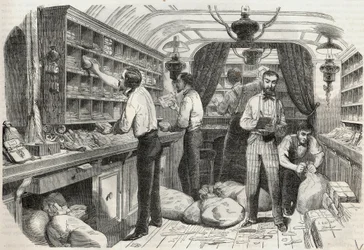 投稿: 救急隊員の部屋の内部 - Edmond Texier 1852年の「Tableau-de-Paris」に掲載されたエングレービング
