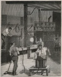 陶器、Manufacture de Sevres。真空・圧縮空気鋳造工場。Adolphe BITARDの "Les arts et metiers illustres "に掲載された1885年のエングレーヴィング。