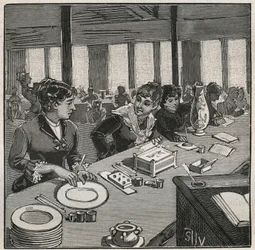 陶器：19世紀にフランスで行われた磁器の絵付けワークショップ。Adolphe BITARDの "Les arts et metiers illustres "に掲載された1880年のエングレーヴィング。