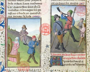 Gaston Phebus de Foix（1331-91）によるLivre de la Chasseからの狩猟用ネットの準備
