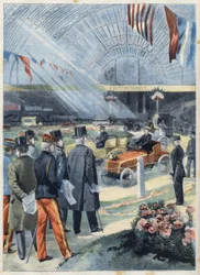フランス共和国大統領エミール・ルベ（1838-1929）は、パリのシャン・ド・マルス（シャンゼリゼ）の機械ギャラリーで工業用アルコールの展示会を行っている。"Le Petit Parisien"